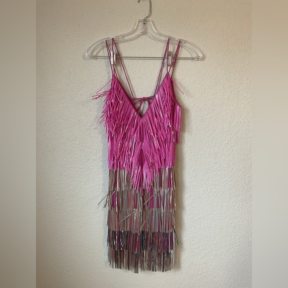 ASOS Design Cami Mini Dress with Embellished Tassels in Pink and Silver Size 0 - Picture 5 of 14